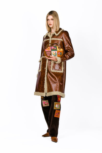 Tobacco Faux Leather Curly Lamb Trim Coat, all hems are in beige