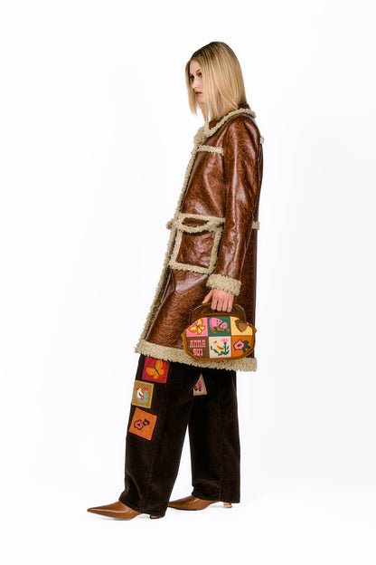 Tobacco Faux Leather hems with beige Curly Lamb Trim Coat