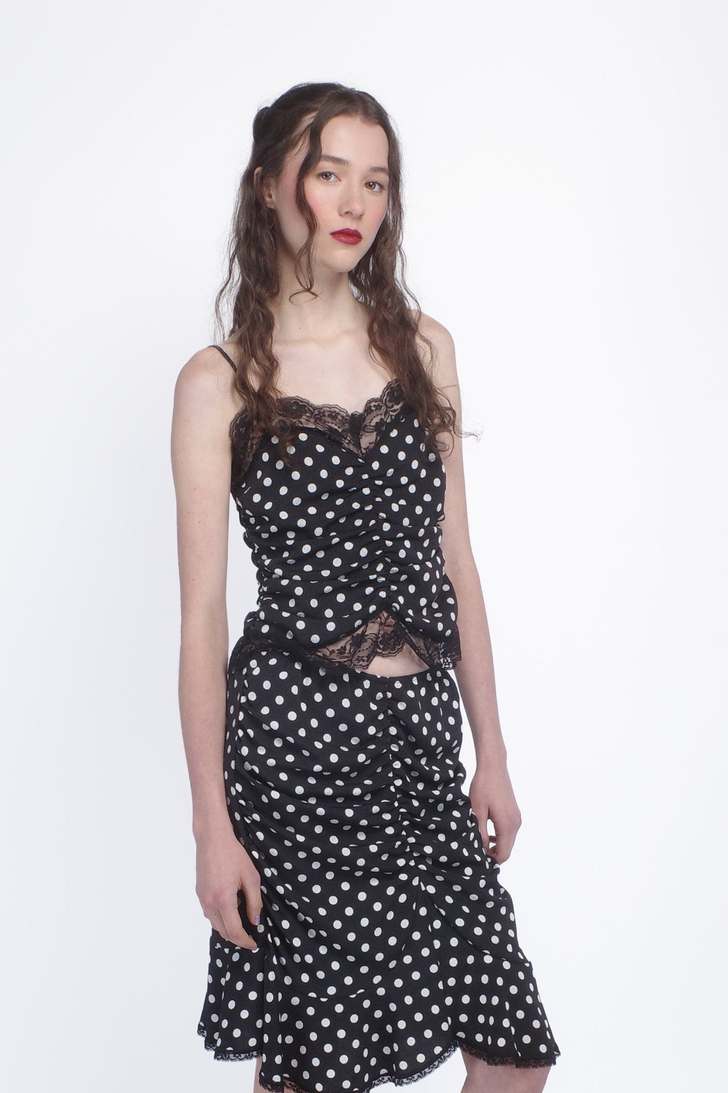 Polka Dot Ruched Lace Camisole