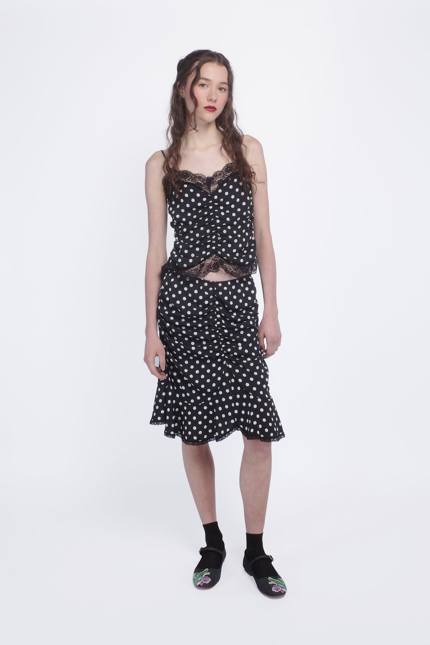 Polka Dot Ruched Lace Camisole