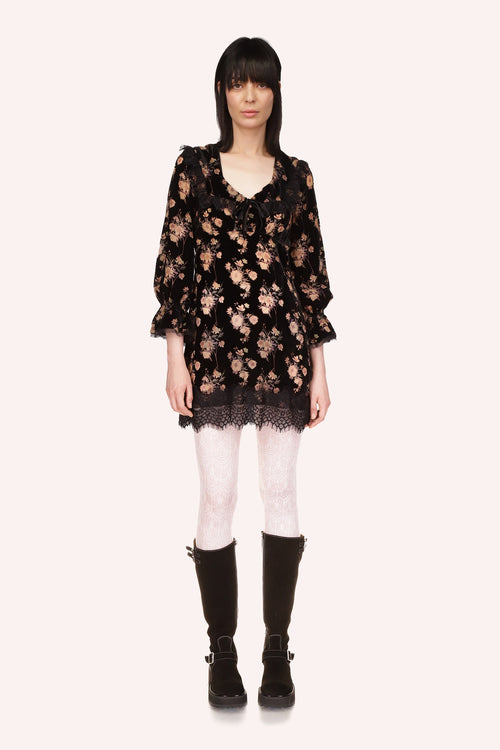 This Dress in Black is with beige floral bouquet pattern, V-shaped collar, long sleeves, and black lace at collar and hem