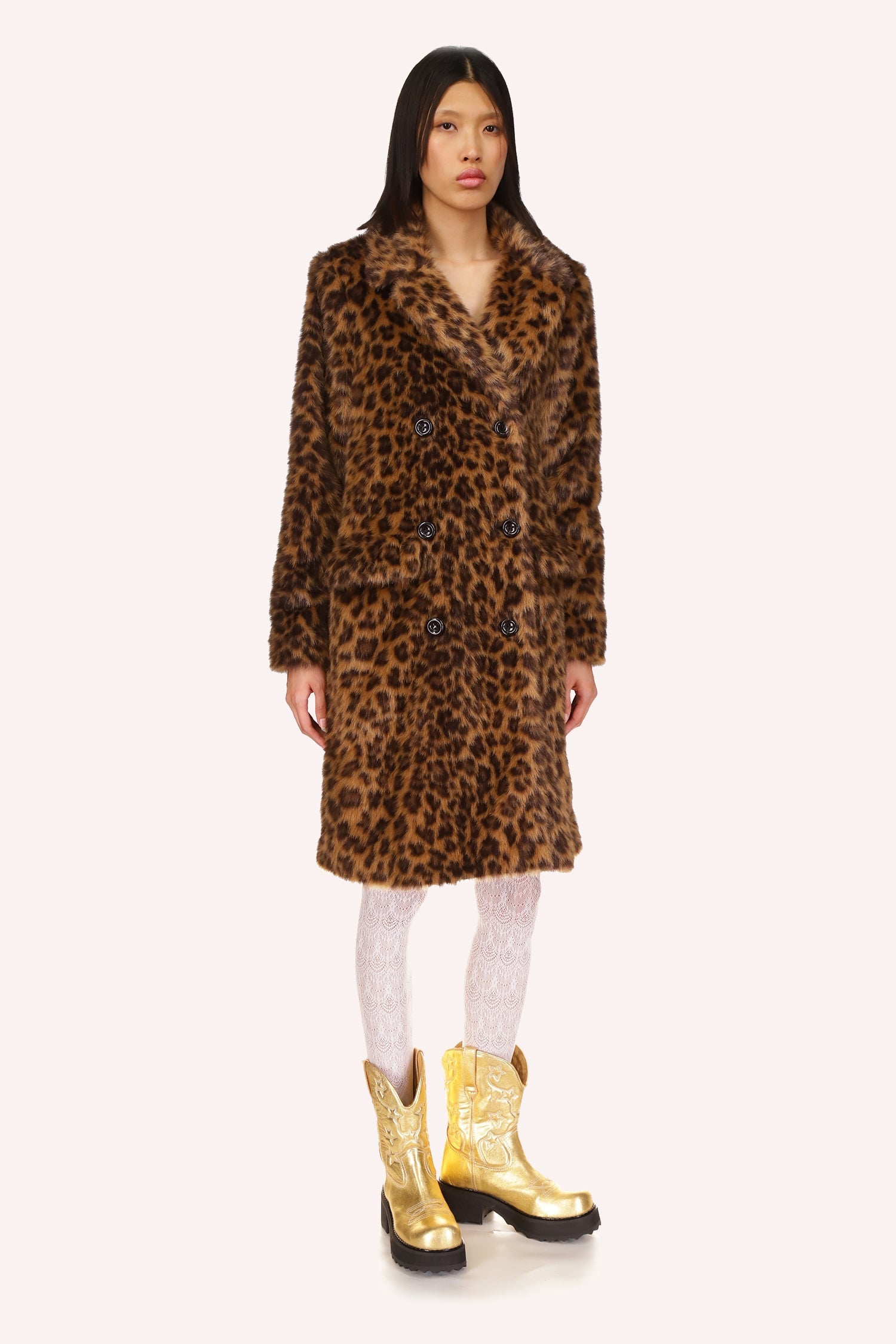 Anna Sui Leopard Double Breasted Coat, knee long, Leopard print, long sleeves, large v-collar, 3 rows of 2 buttons, 2 flapped pockets