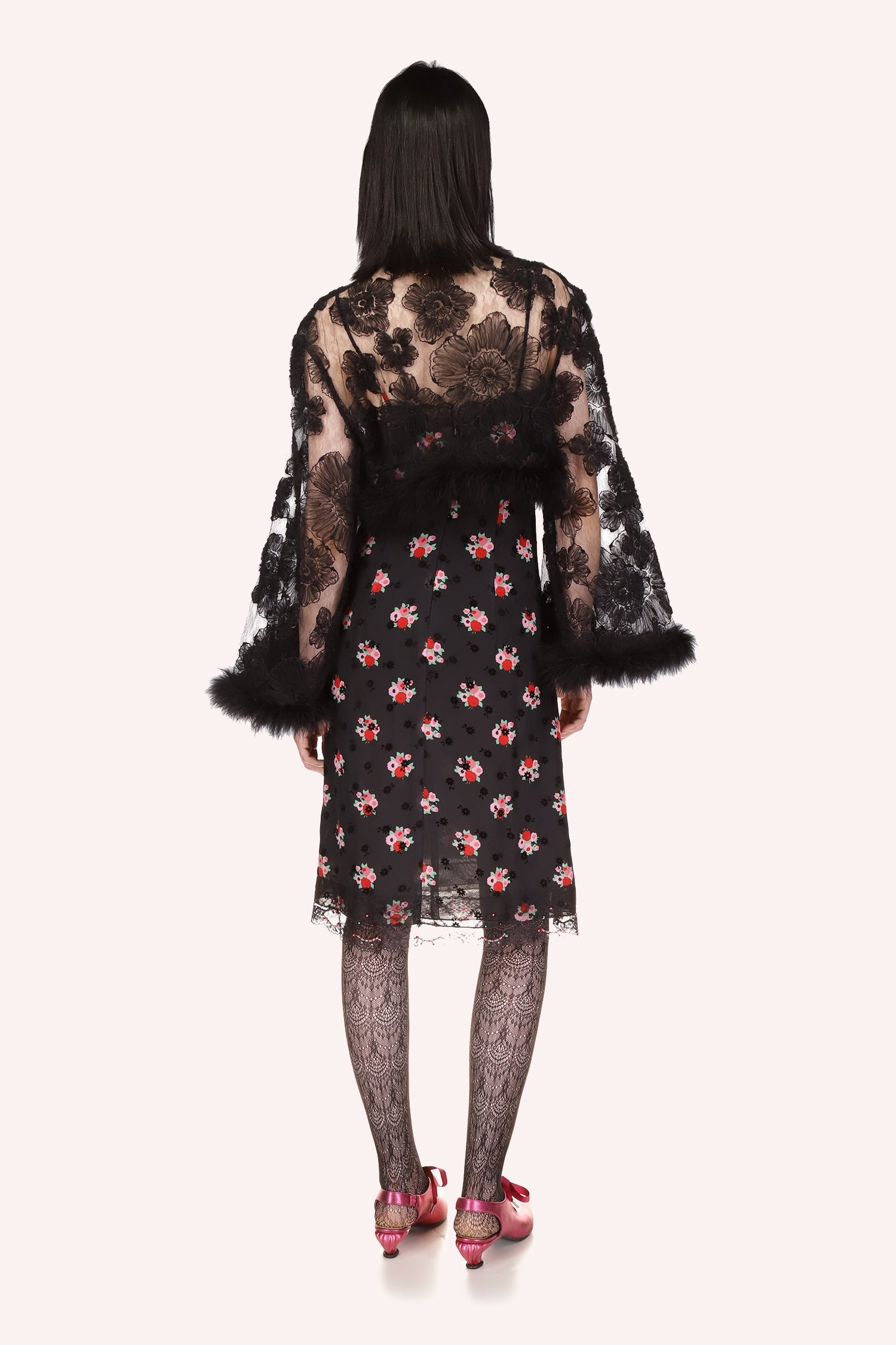 Anna Sui's stunning 3D Floral Tulle Bed Jacket in black, featuring large black flowers, sheer fabric