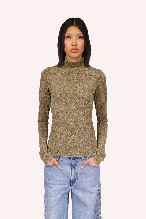 Shiny gold Mesh turtlenecks with long sleeves that can cover hands and back zipper