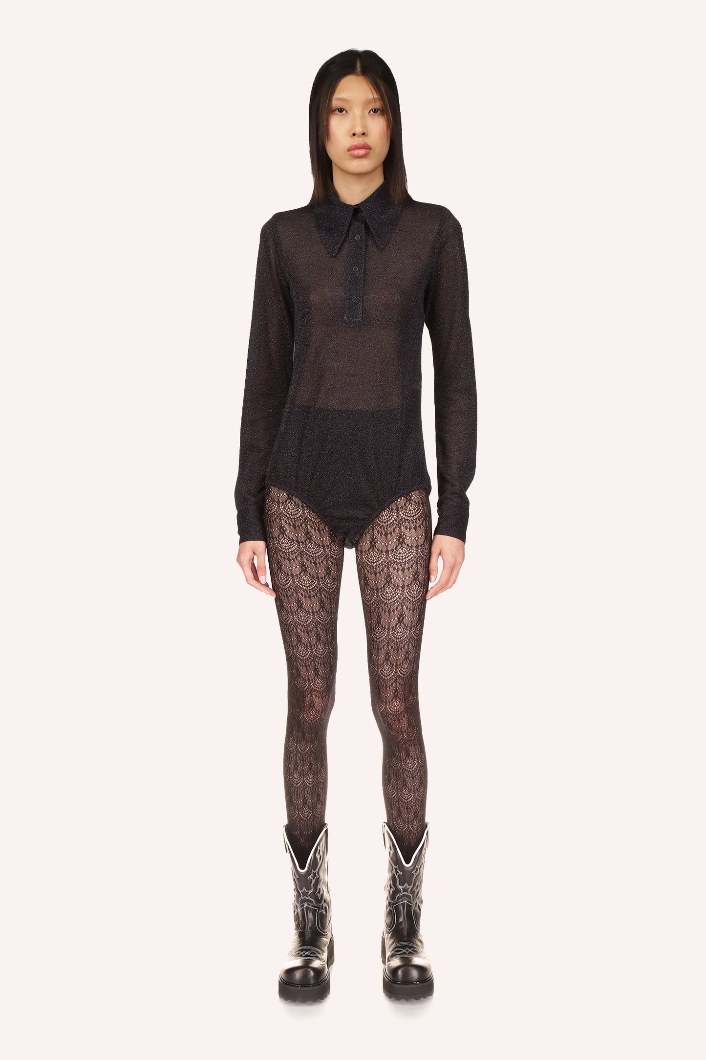 Black see-through material shoulders to hips, long sleeves, large collar closed by 4 buttons