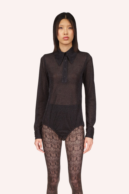 Black see-through material shoulders to hips, long sleeves, black zipper on the back