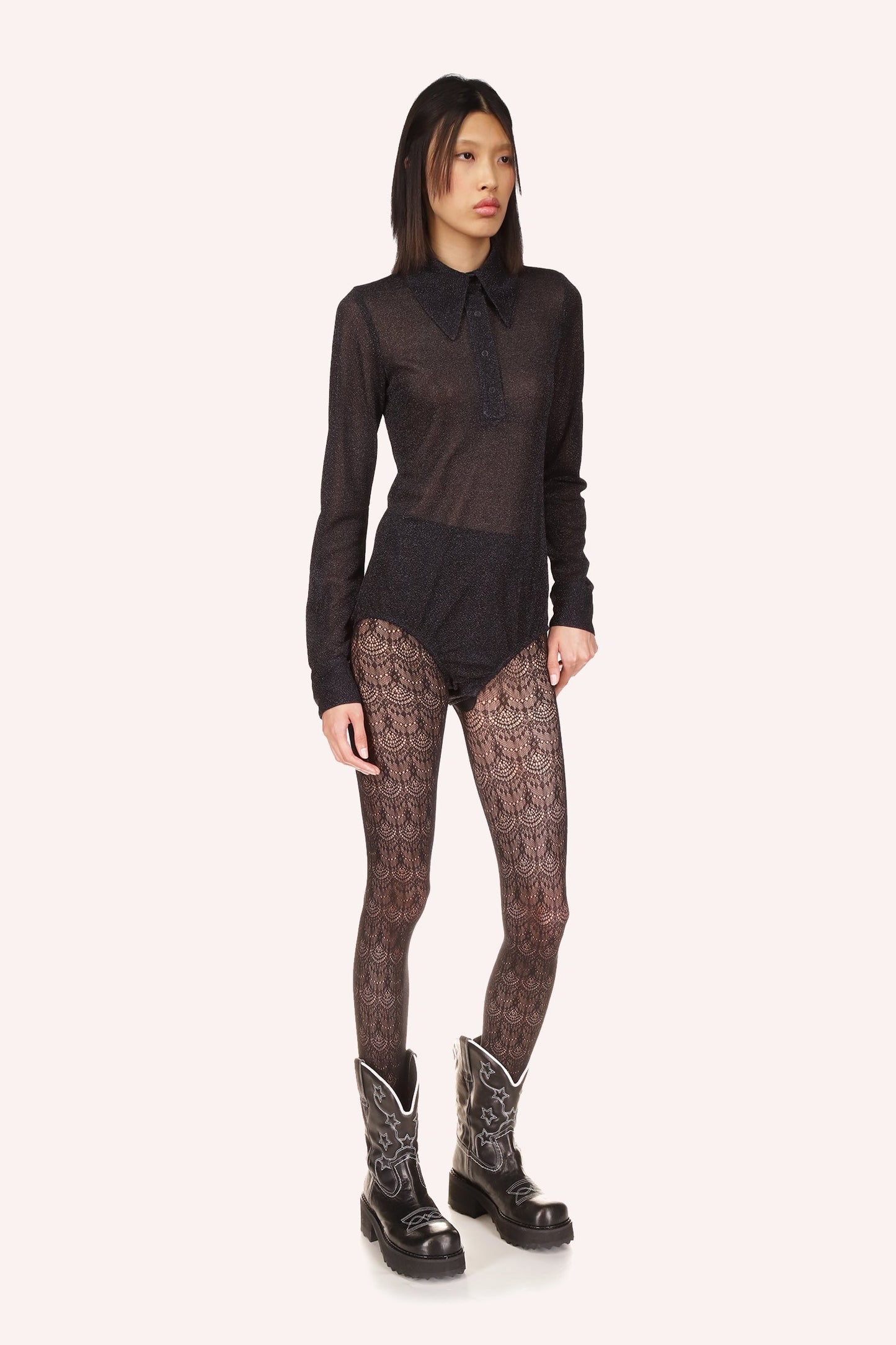 Anna Sui Sparkling Mesh Bodysuit is black stunning piece with a beautiful collar