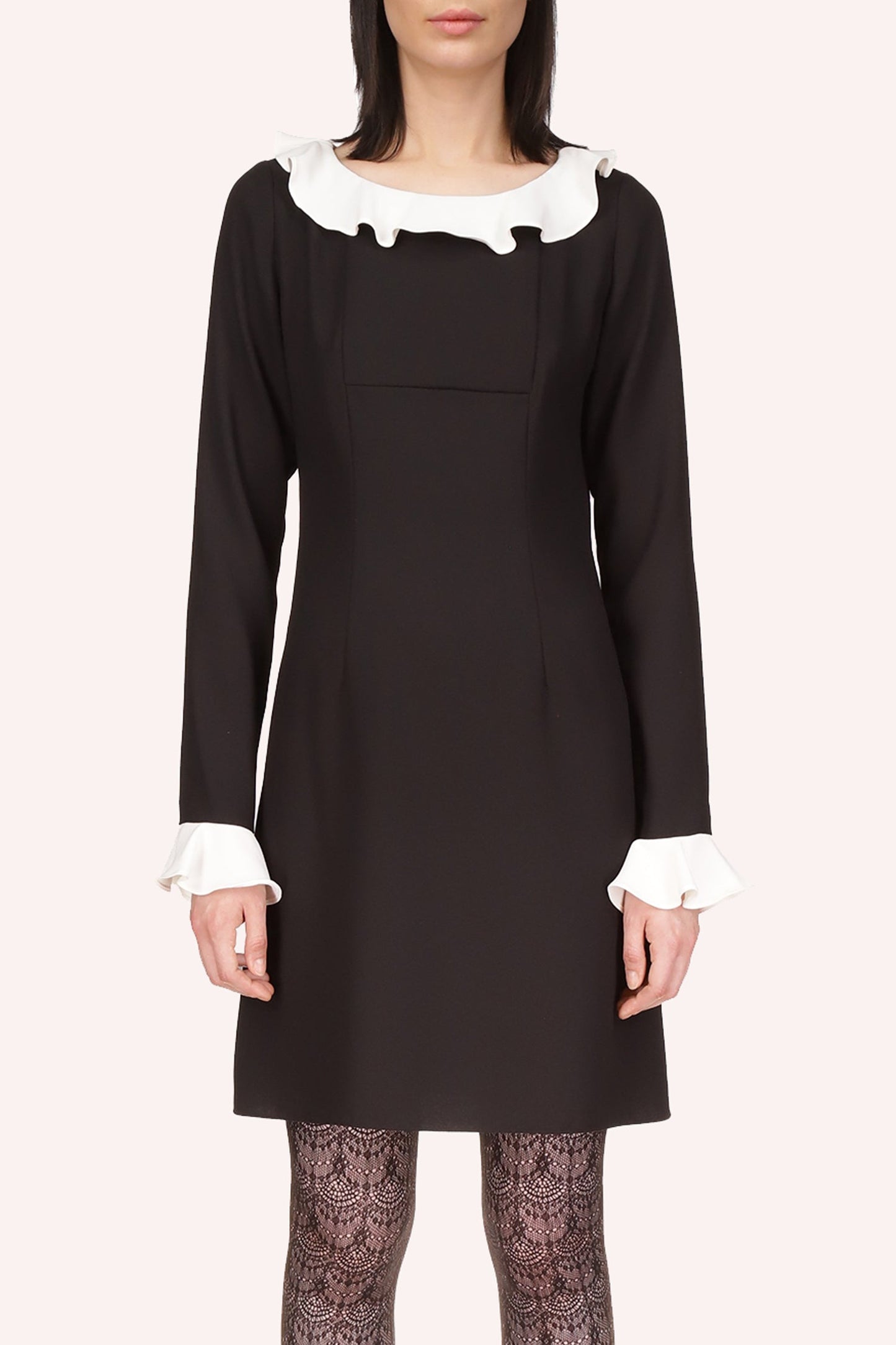 Combo Crepe Dress, above-the-knee, vanilla crepe on the long sleeves and collar borders.