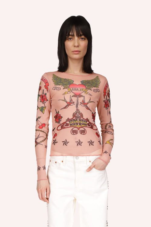 The Anna Sui Tattoo Mesh Top Nude Multi is with its long sleeves and tattoo-like patterns