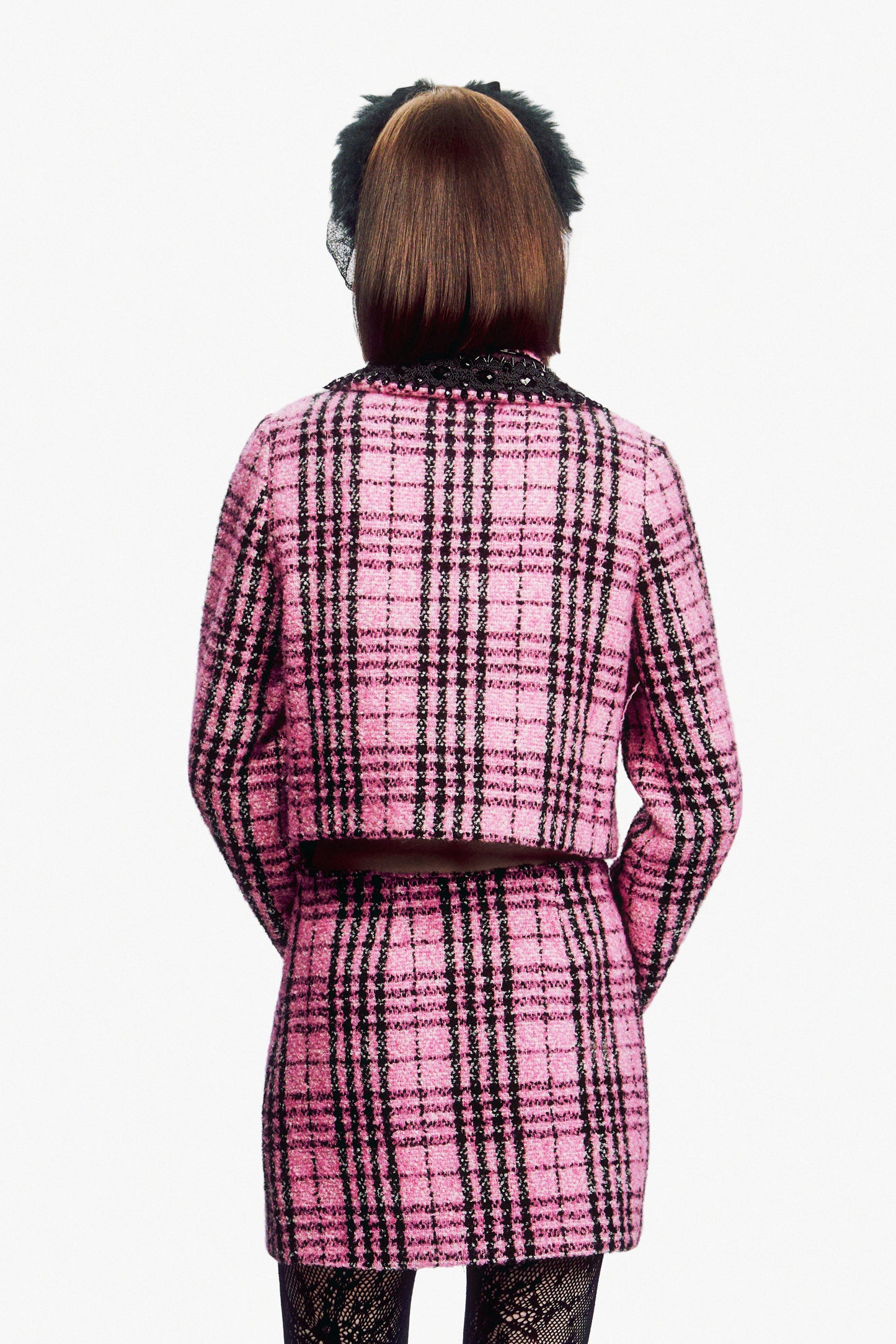 Black and Pink Plaid Beaded Jacket