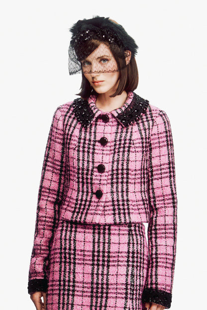 Black and Pink Plaid Beaded Jacket