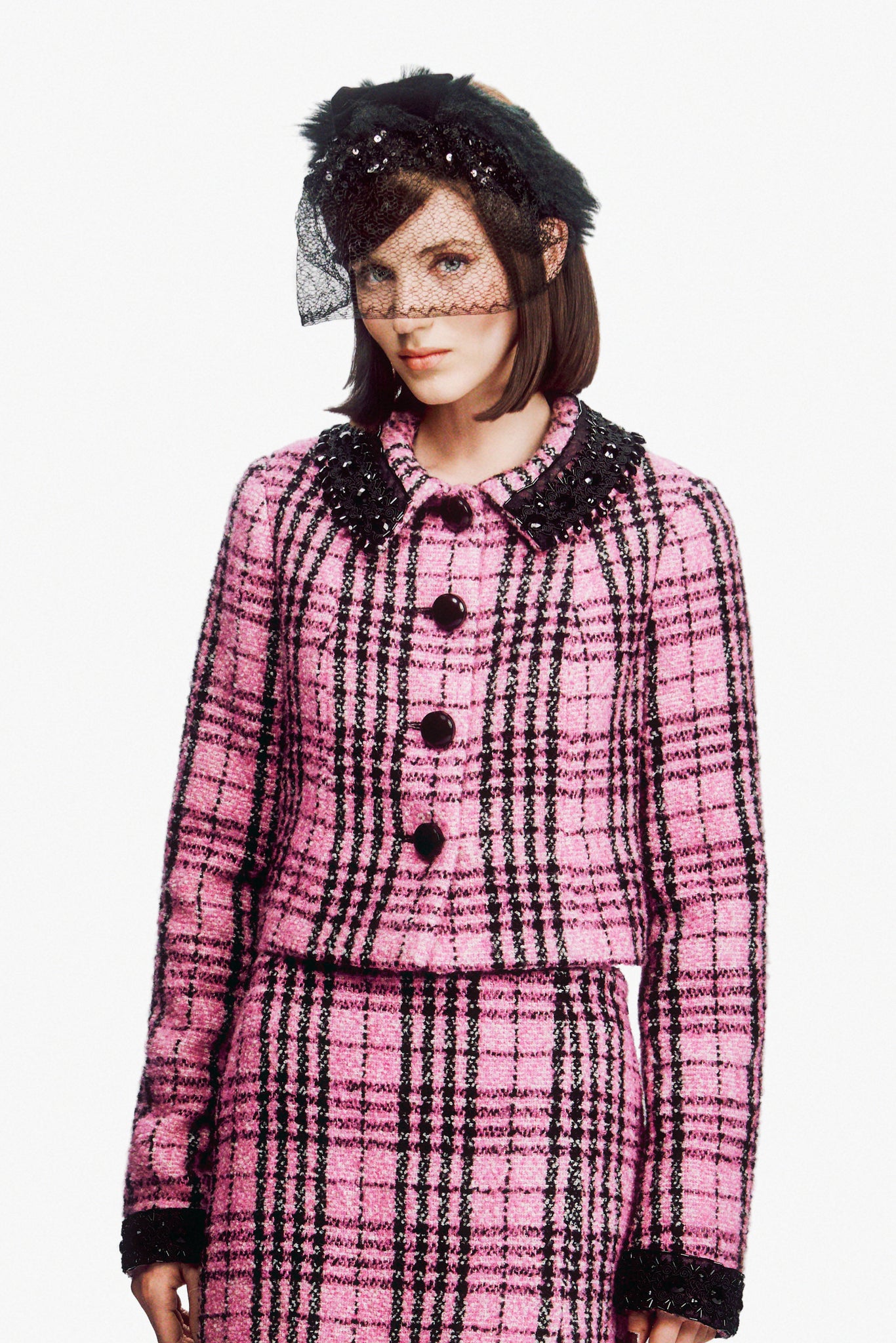 Black and Pink Plaid Beaded Jacket
