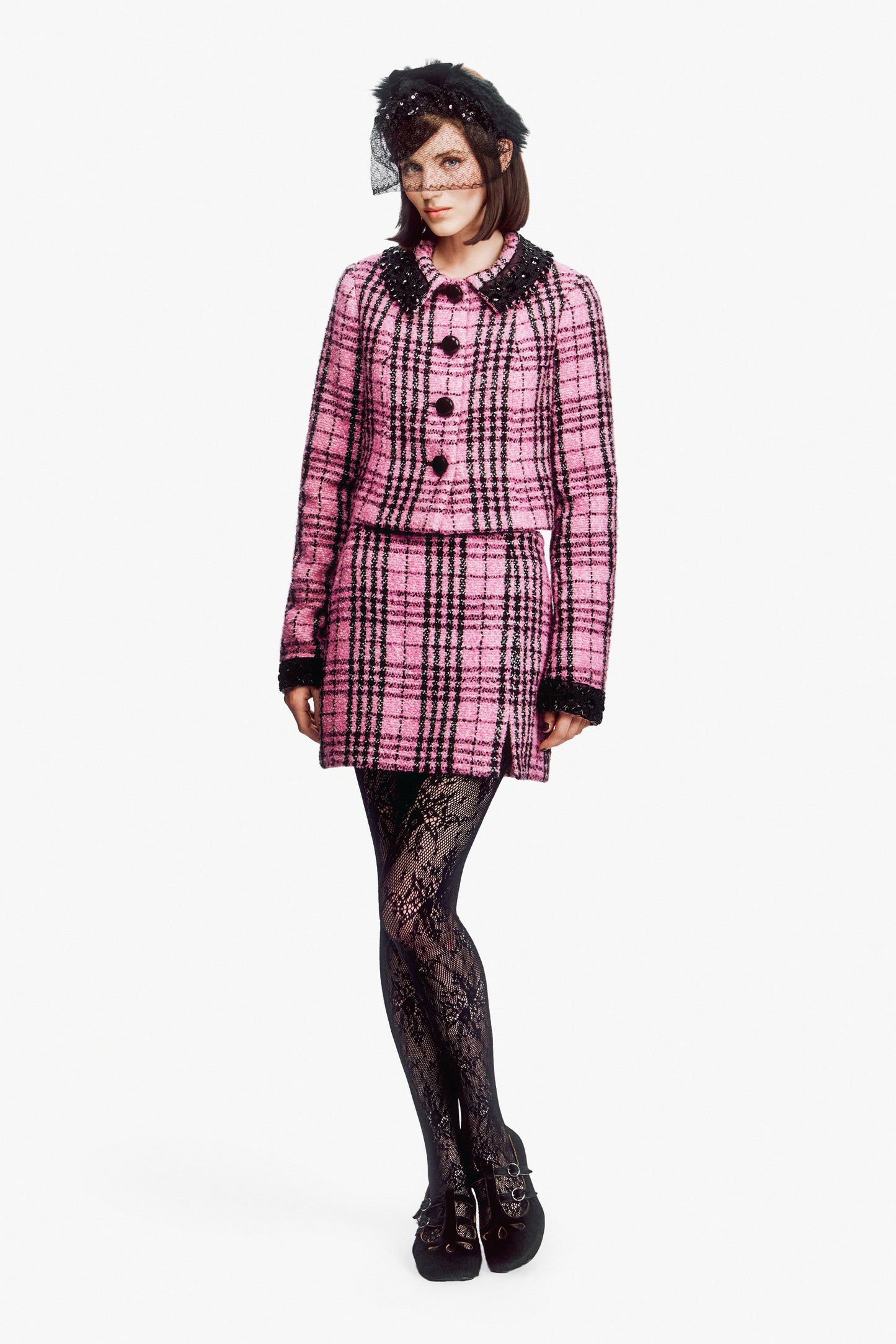 Black and Pink Plaid Beaded Jacket