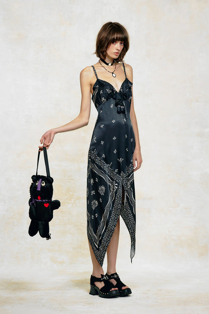 Ribbon Handkerchief Satin Print Dress