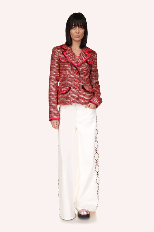 Tweed Blazer Ruby, long sleeves, 2-pockets on top 2-pockets bottom with red bottom to close it