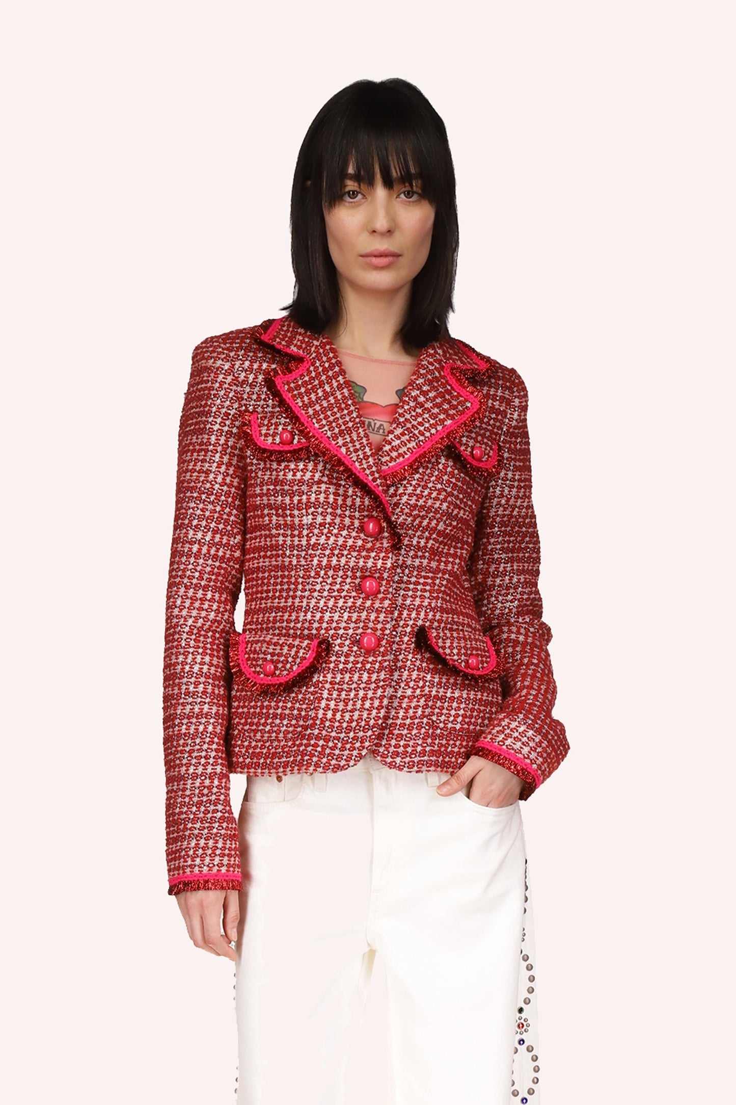 Blazer Ruby texture is a beige background, with red dots like on top, all hems are highlighted in red
