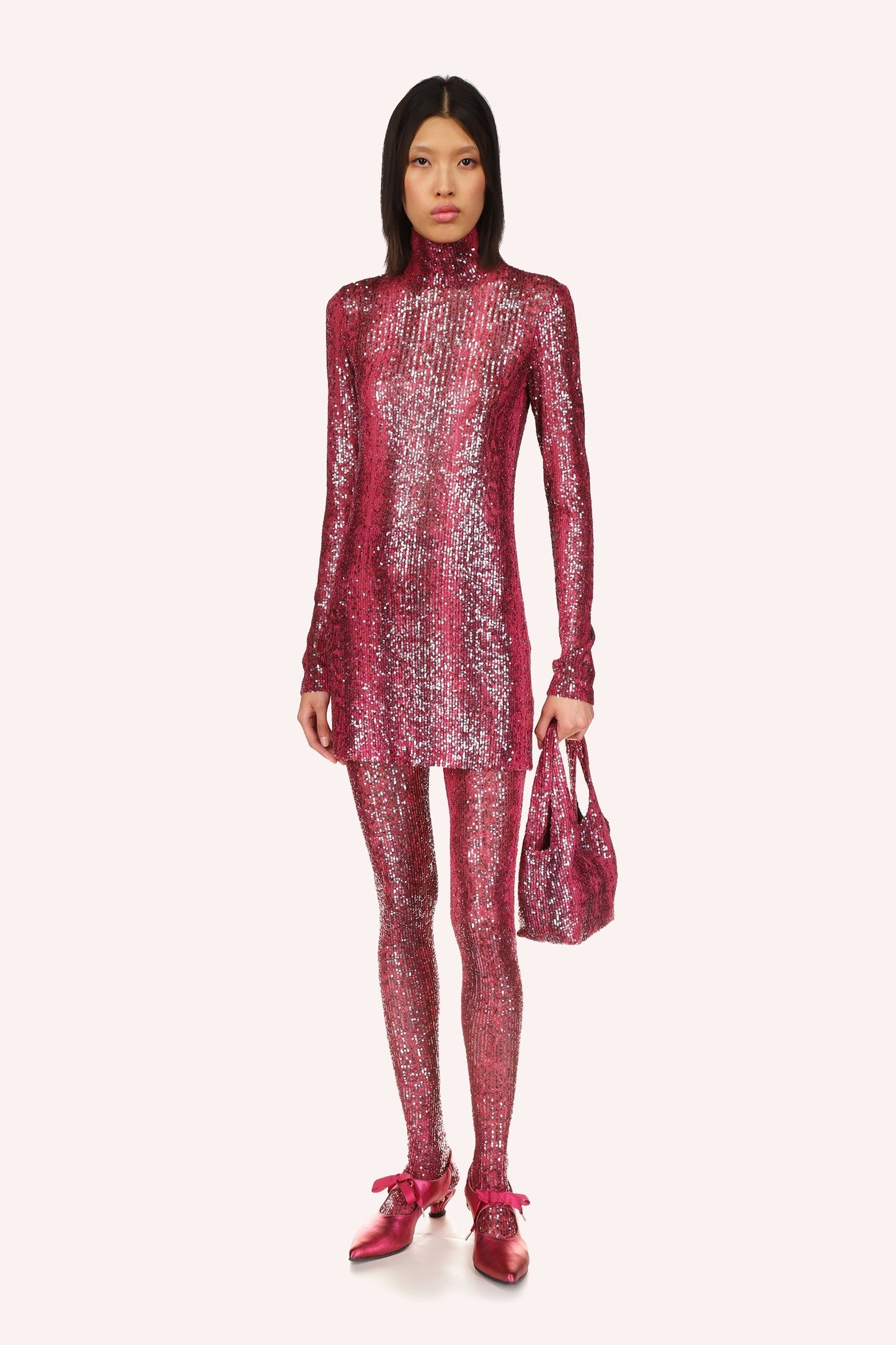 The Snakeskin Sequin Turtleneck Dress Ruby Multi is mini, shiny ruby red color, long sleeves