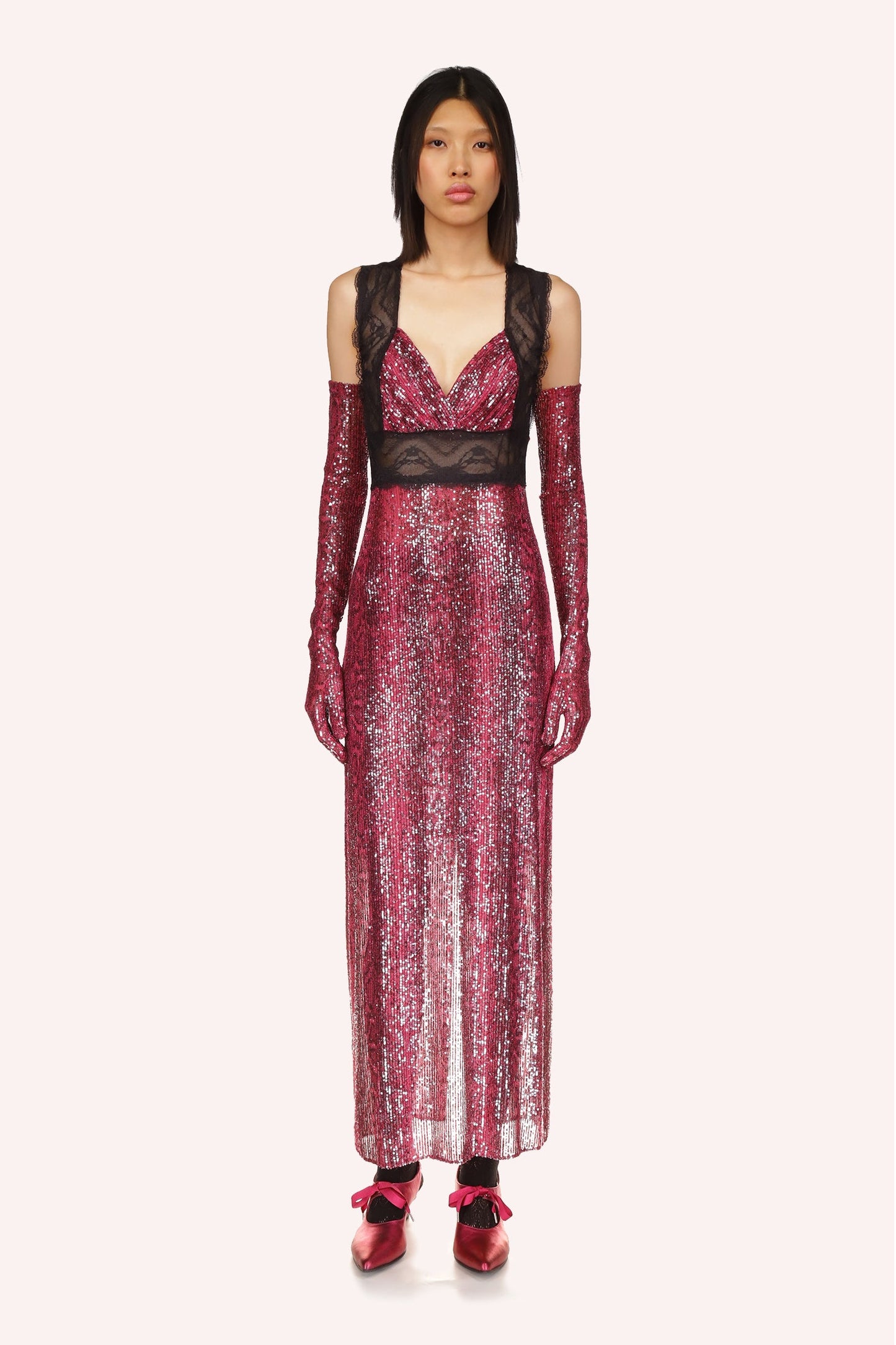 Red Snakeskin Dress is a long V-neck cut dress with black lace under the bust and over the shoulder
