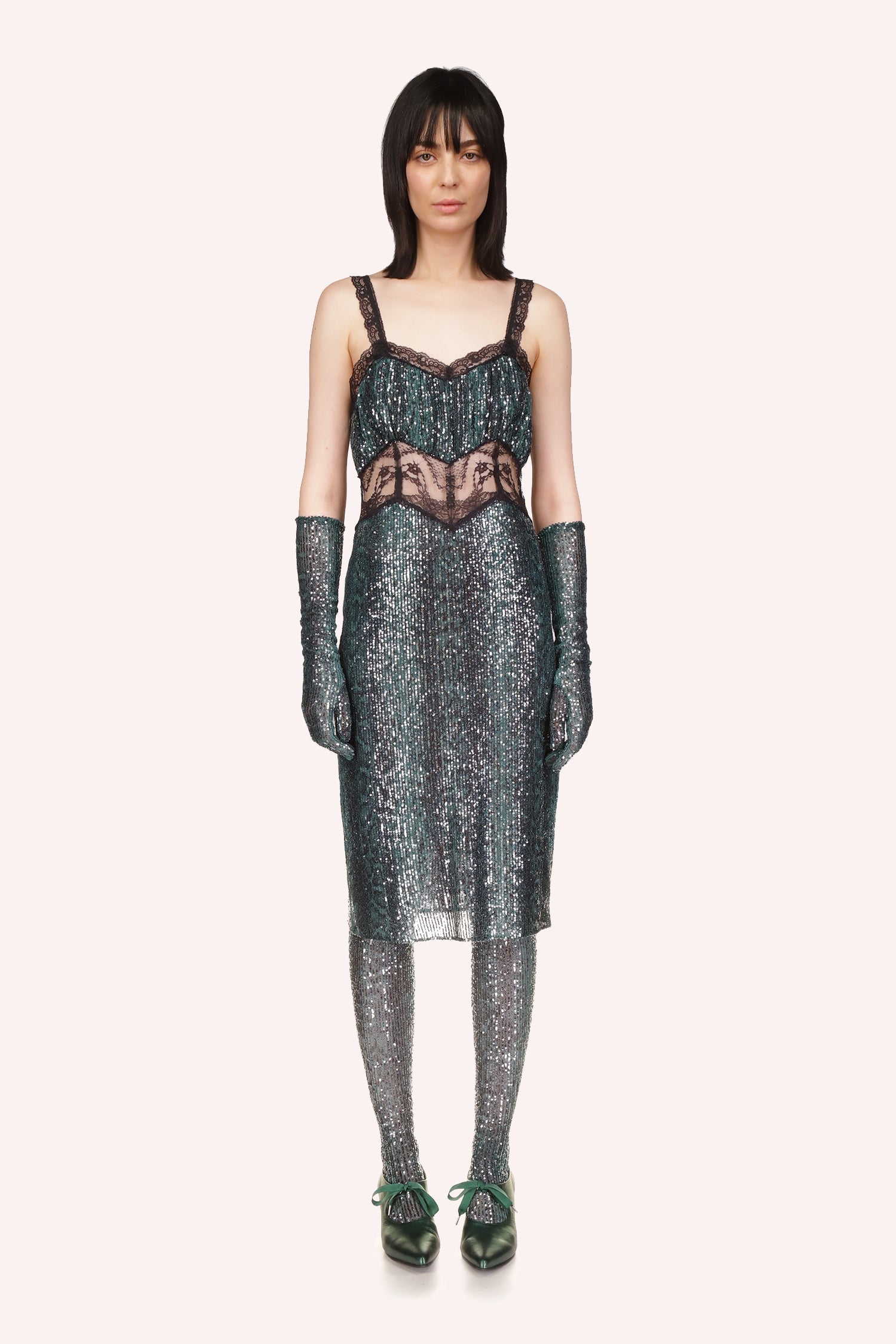 Knee long Dress, low-cut collar, black lace upper hem & shoulder straps, see-thru lace midsection