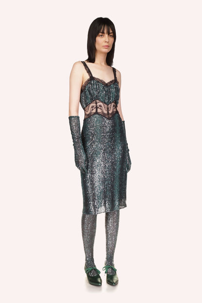 Snakeskin Sequin & Lace Midi Dress Emerald from designer Anna Sui