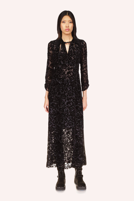 Ankle-long Dress, V-cut collar with lace fastening, long sleeves, floral pattern on see-thru texture