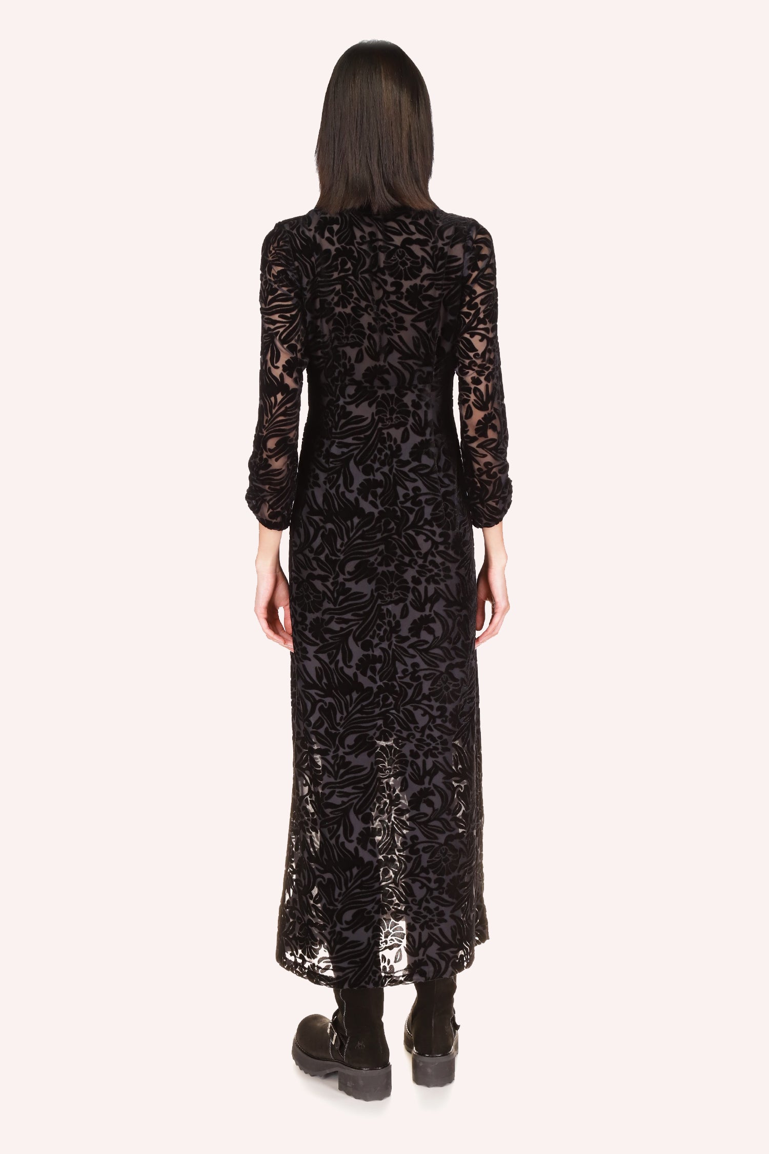 Ankle-length Dress has long sleeves, floral pattern on transparent texture