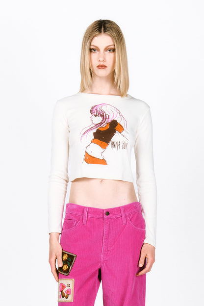 Anna Sui Girl Micro white Tee, long sleeves, neckline, above bellybutton, manga girl print