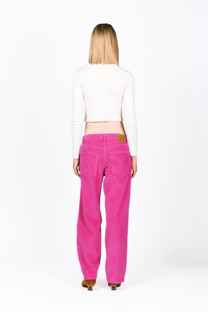 Embroidered Velveteen, pink pans, 2 back pockets, hooks for belt, brown tag on the right hips