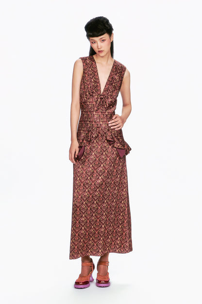 Wallpaper Medley Maxi Dress maxi vintage inspired featuring a ruffle detail at the hip, a bow accent.