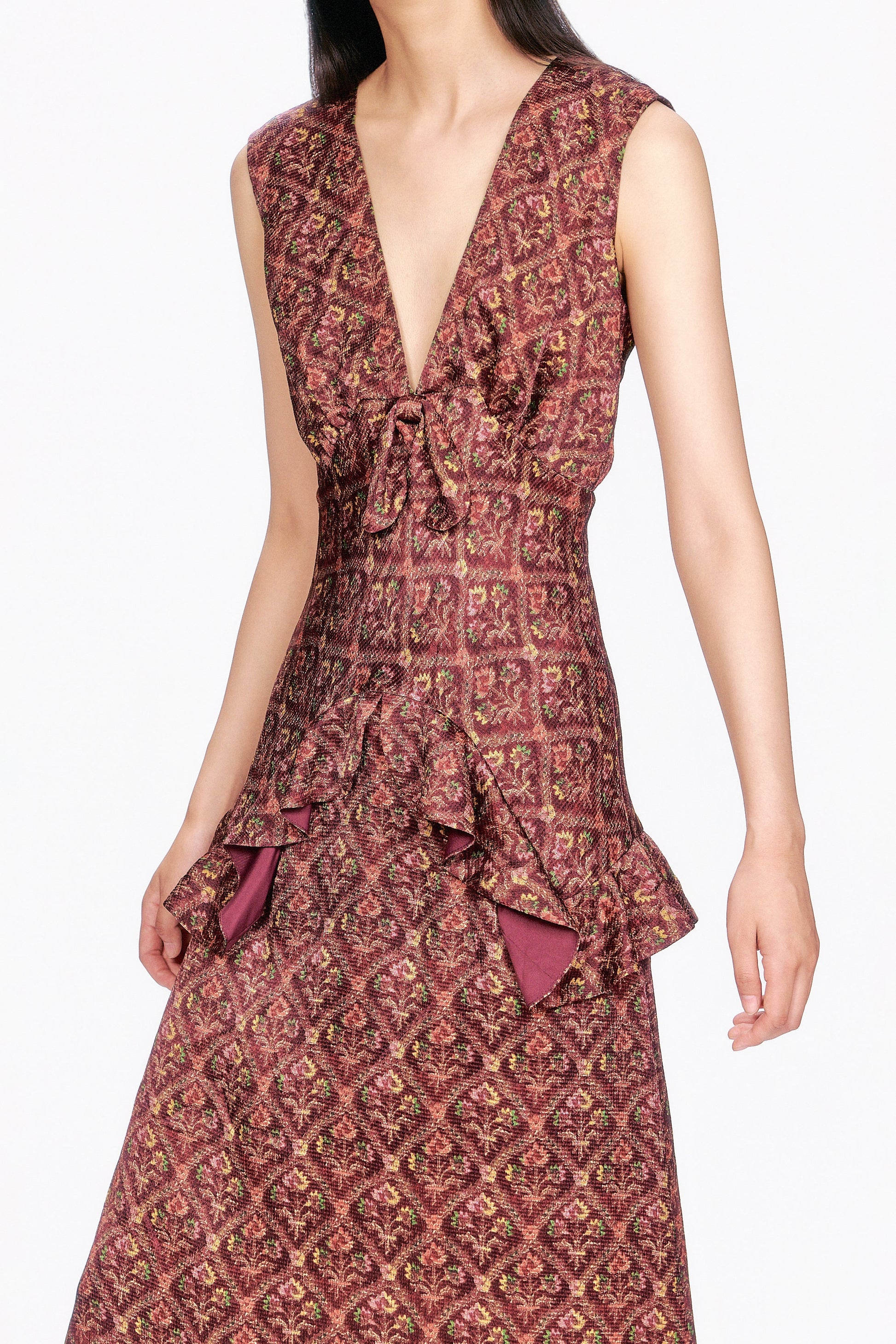 Woman wearing a Wallpaper Medley Maxi Dress vintage style with ruffled details