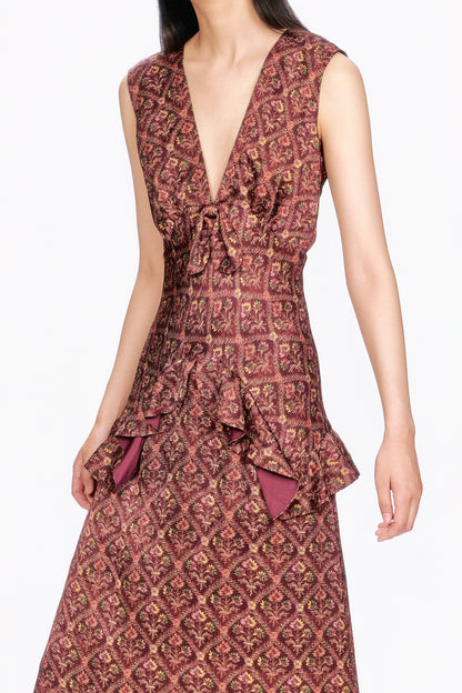 Woman wearing a Wallpaper Medley Maxi Dress vintage style with ruffled details