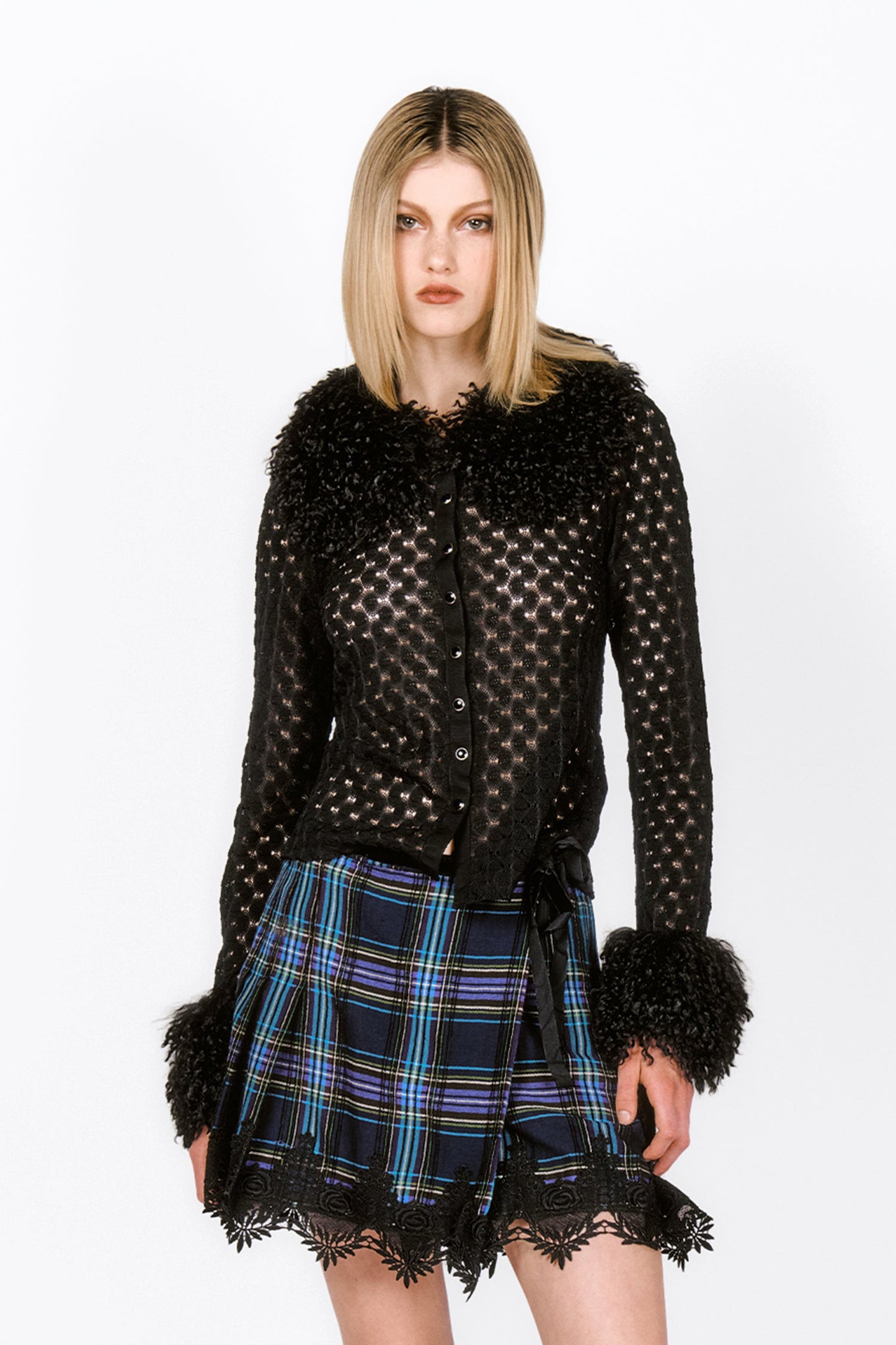 Crochet Knit Top with large see-thru stitches, black faux fur at rounded collar and wrist, 8-buttons