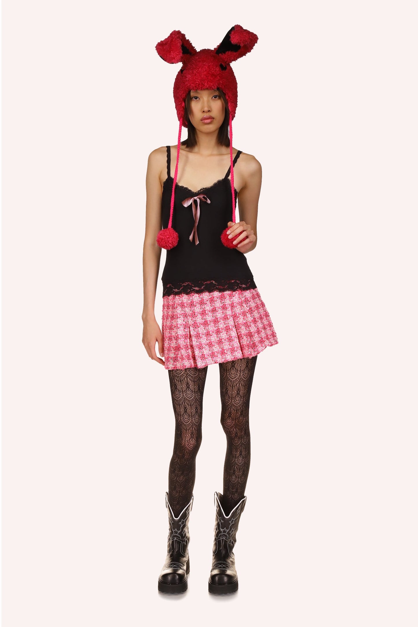 Tank, Rose, sleeveless, black lace border, 2-black straps, a V-neck cut, a rose ribbon middle chest