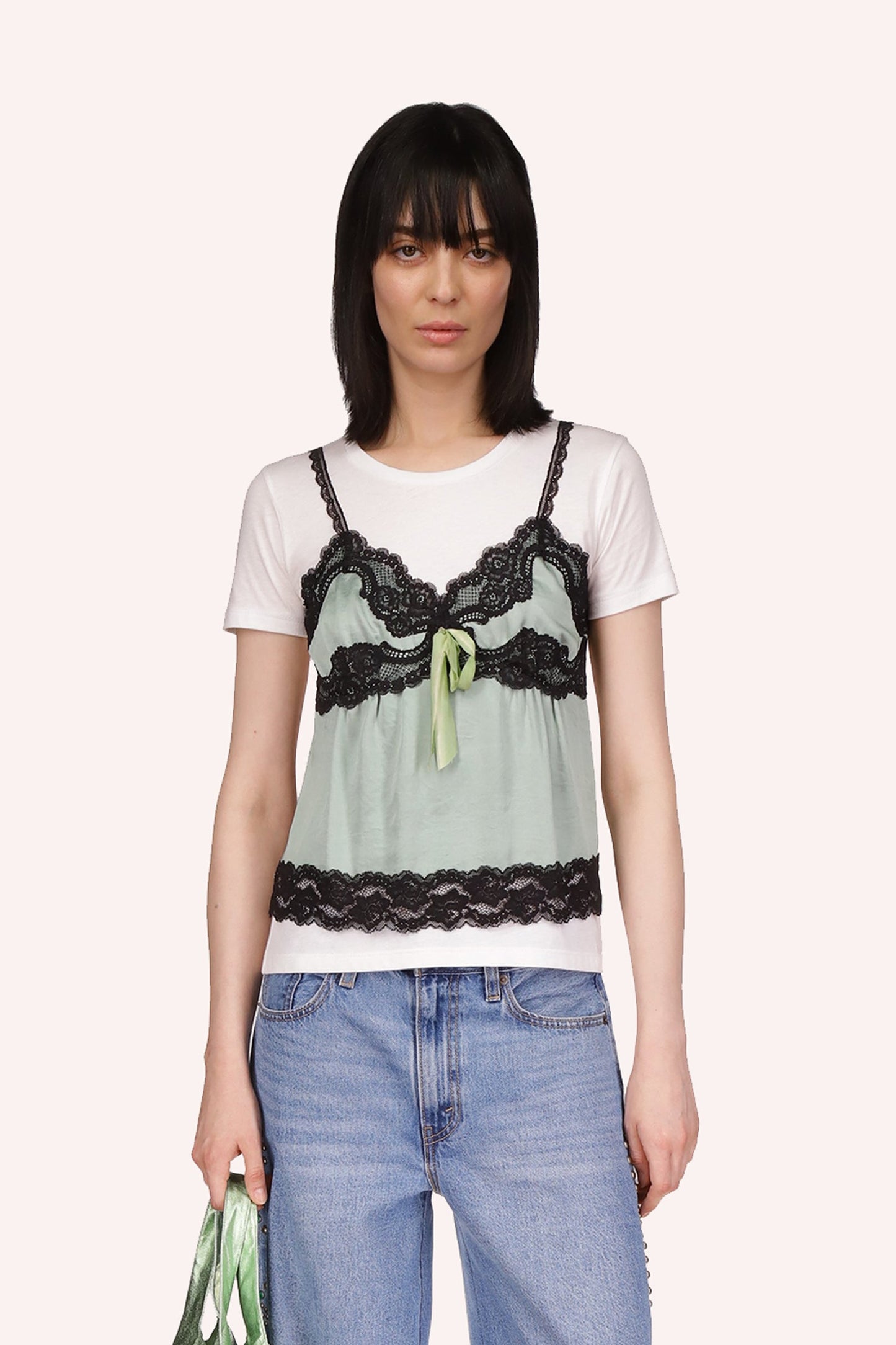 Sleeveless tee, backless, peppermint, black hems lace, 2-straps, V-collar, pink ribbon middle chest
