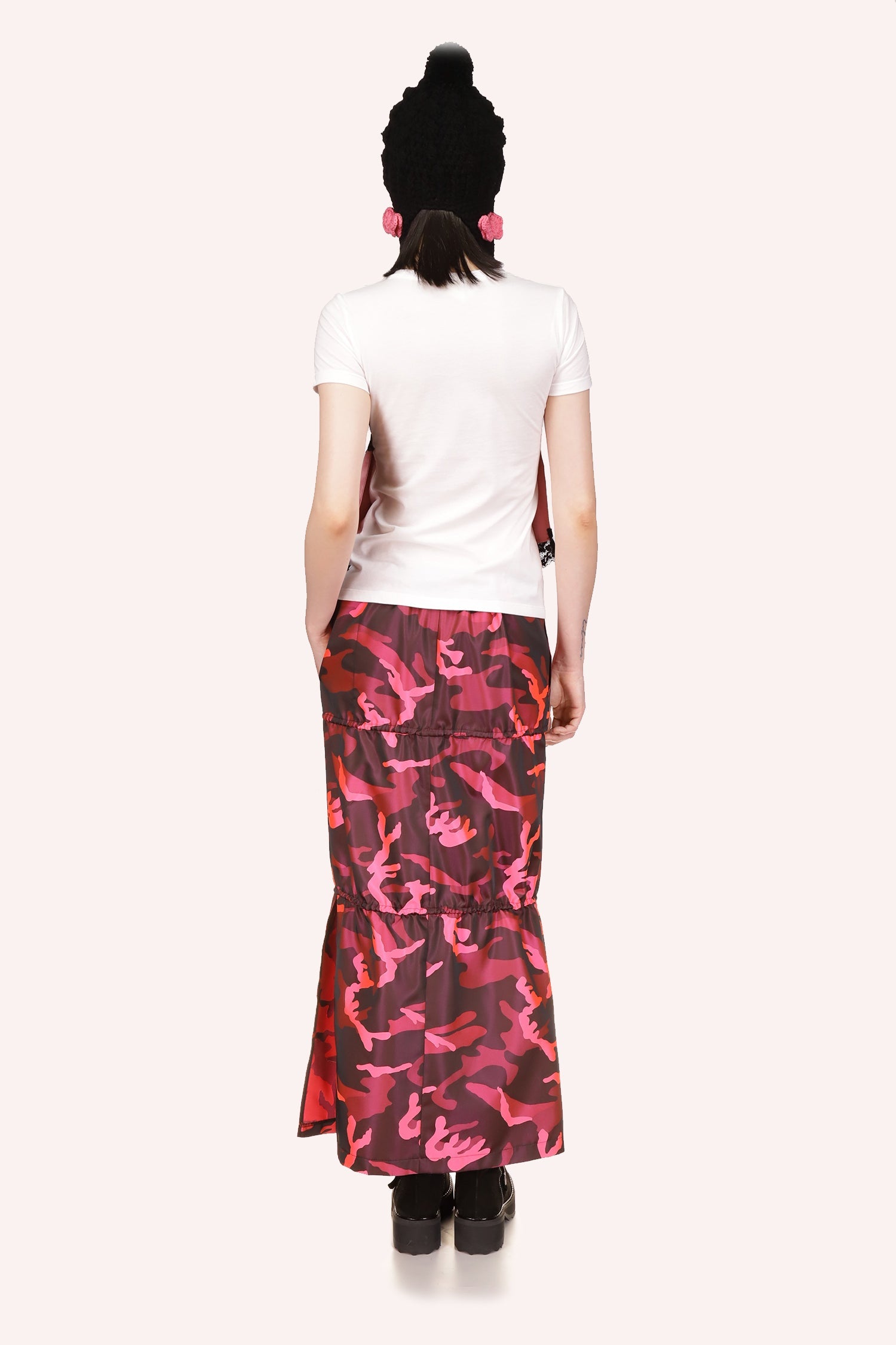 Ankle-long skirt, Pink Camouflage Style , 3 levels, side cut from knee down, side pocket, 2-laces to adjust