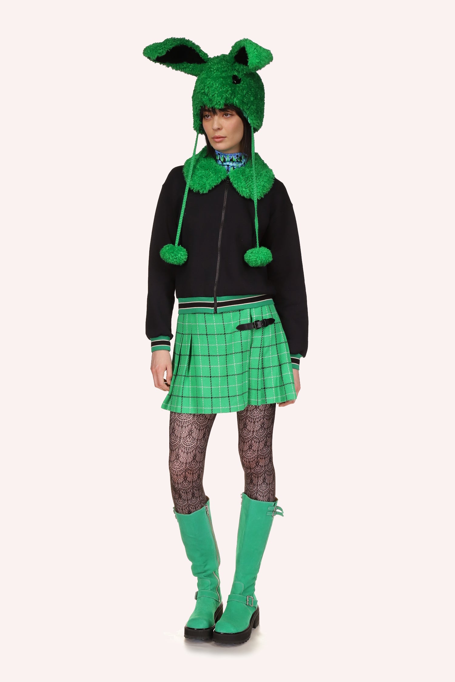Dark Plush Sweatshirt Clover with an Irish green large collar, front zipper, long sleeves with green ornament at the hand