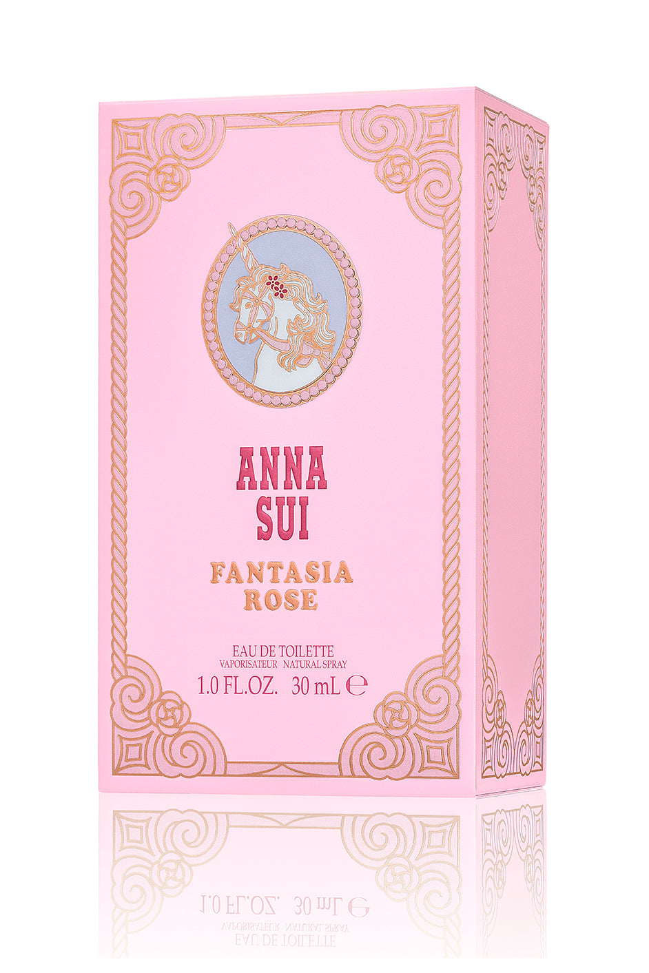 Packaging box is pink, with Logo, name and quantity on it, art deco pink/beige unicorn