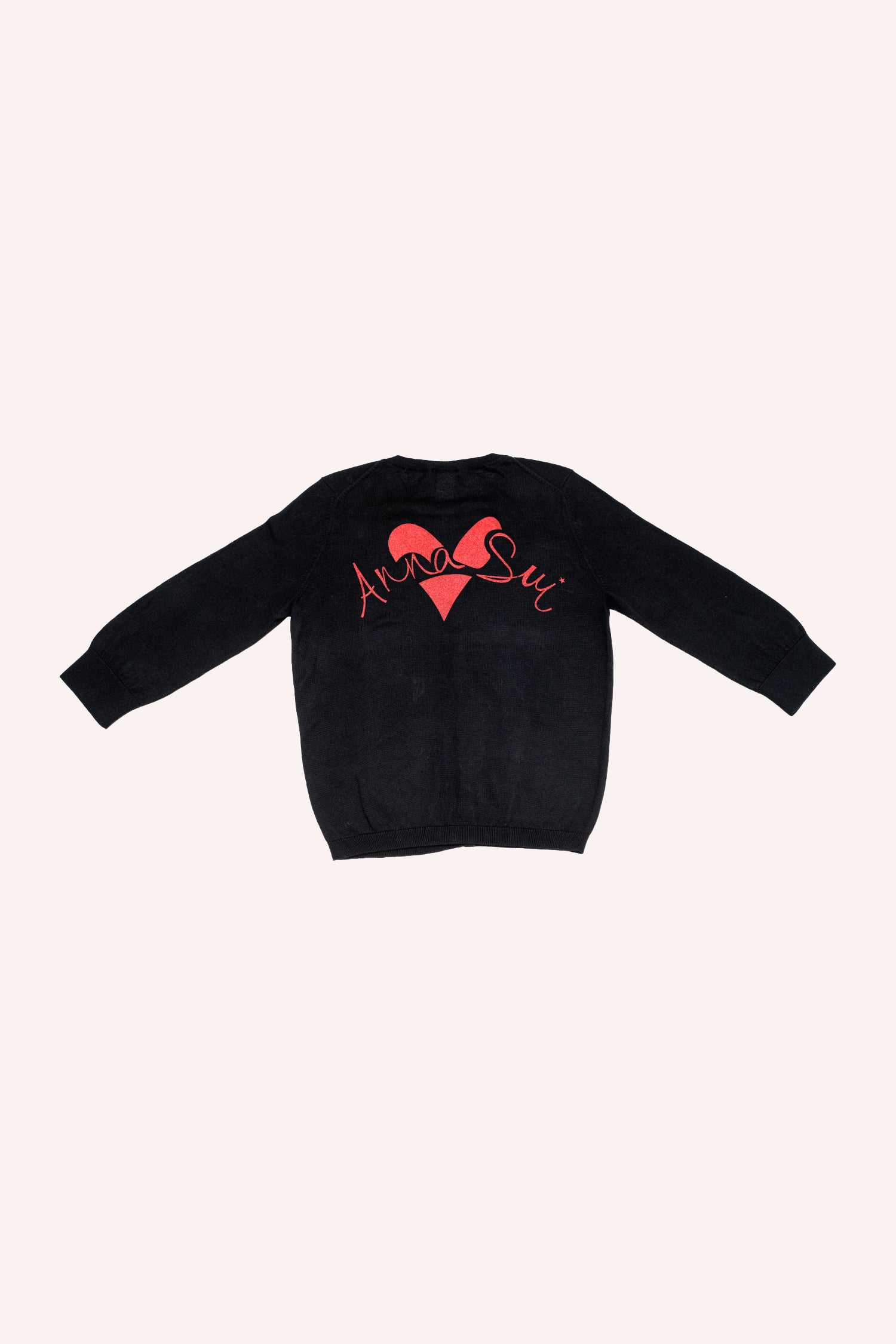 Three-quarter sleeve length Cardigan Black, large red Anna Sui over a red hart in middle of the back