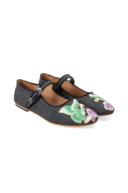 John Fluevog x Anna Sui Butterfly Mary Janes-Black Denim