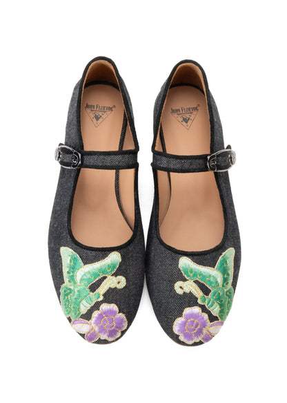 John Fluevog x Anna Sui Butterfly Mary Janes-Black Denim