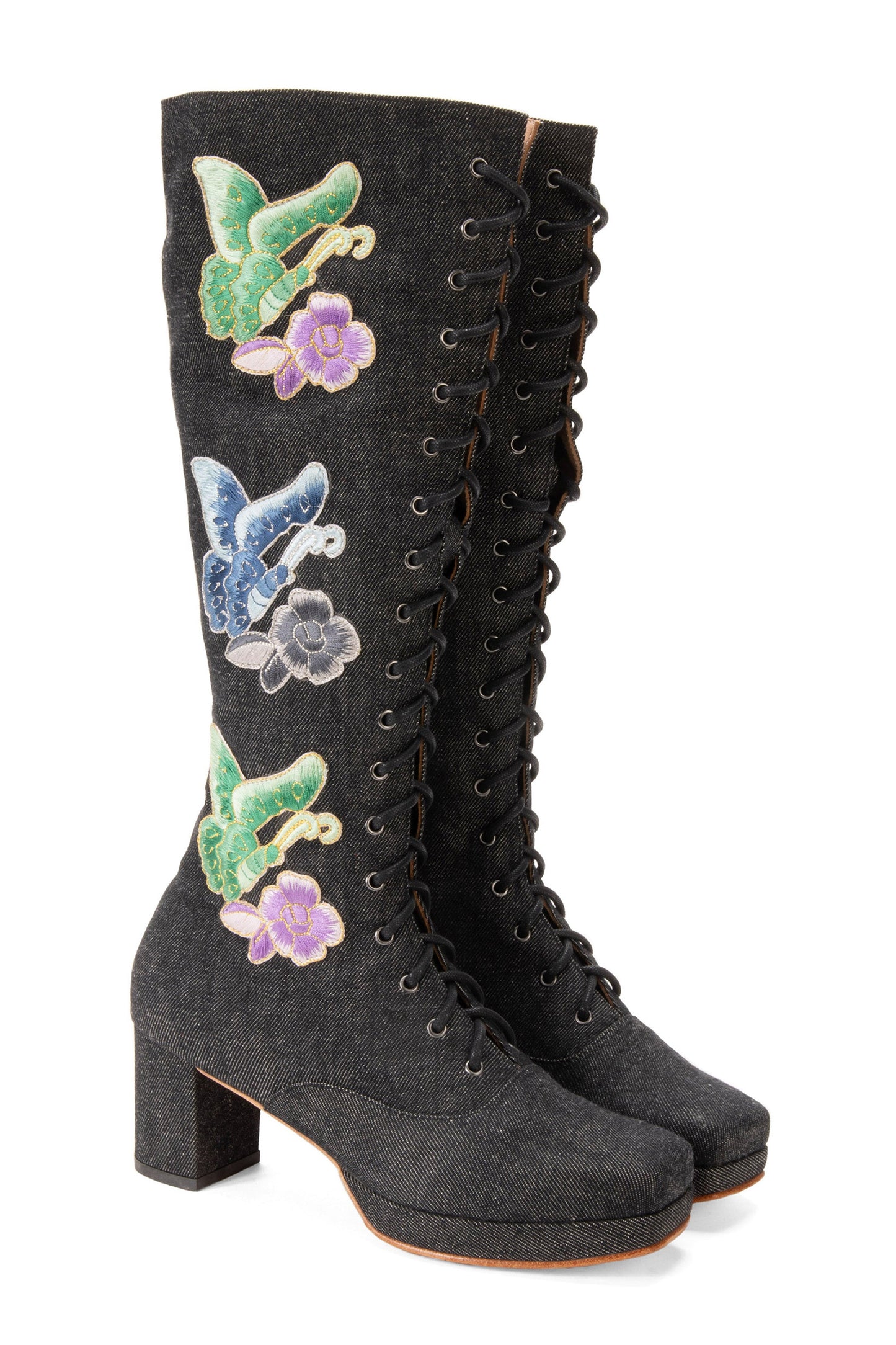 John Fluevog x Anna Sui Butterfly Boots- Black Denim