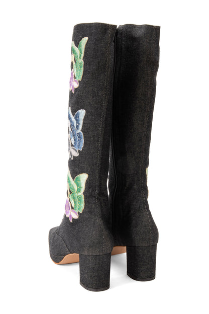 John Fluevog x Anna Sui Butterfly Boots- Black Denim