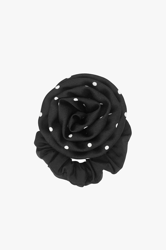 Satin Dot Flower Scrunchie- Black