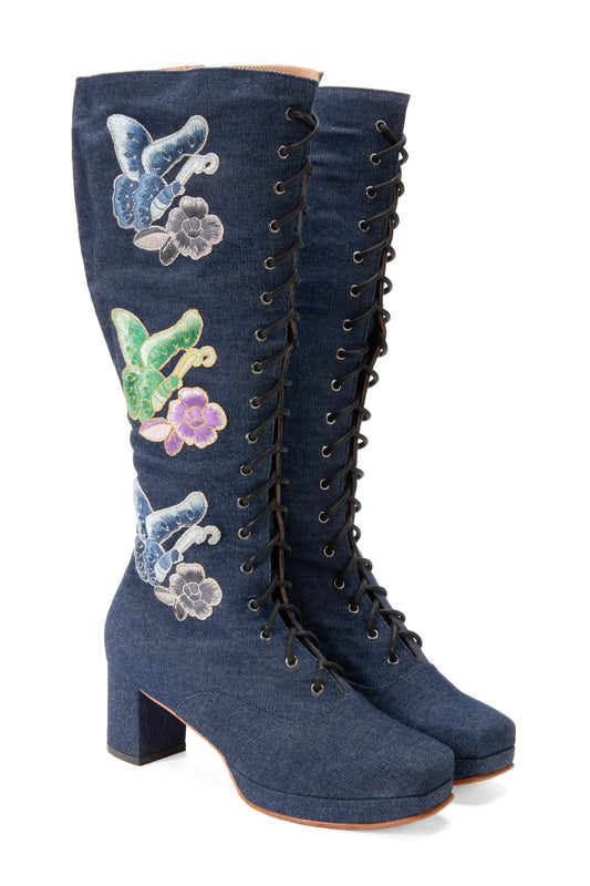 John Fluevog x Anna Sui Butterfly Boots- Denim Blue