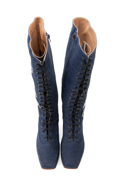 John Fluevog x Anna Sui Butterfly Boots Denim Blue