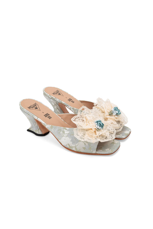 John Fluevog x Anna Sui Brocade Mules- Sky Blue