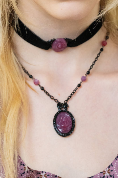 Carved Rose Victorian Frame Necklace - Dusty Rose