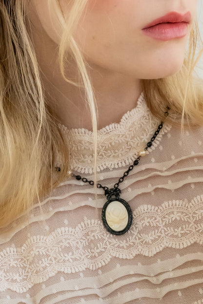 Carved Rose Victorian Frame Necklace - Ivory