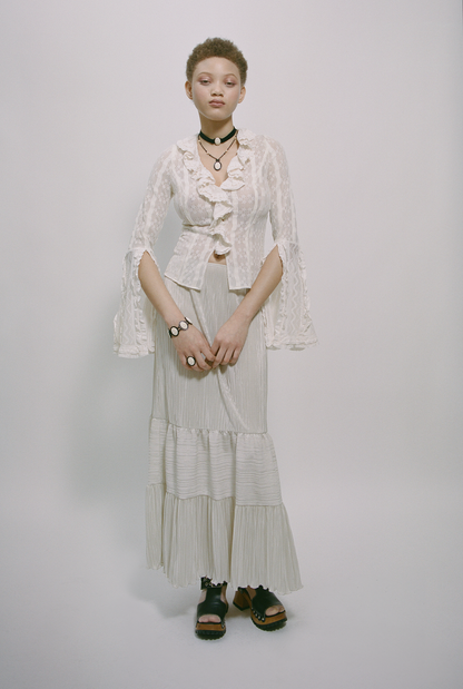 Plissé Tiered Maxi Skirt - Cream