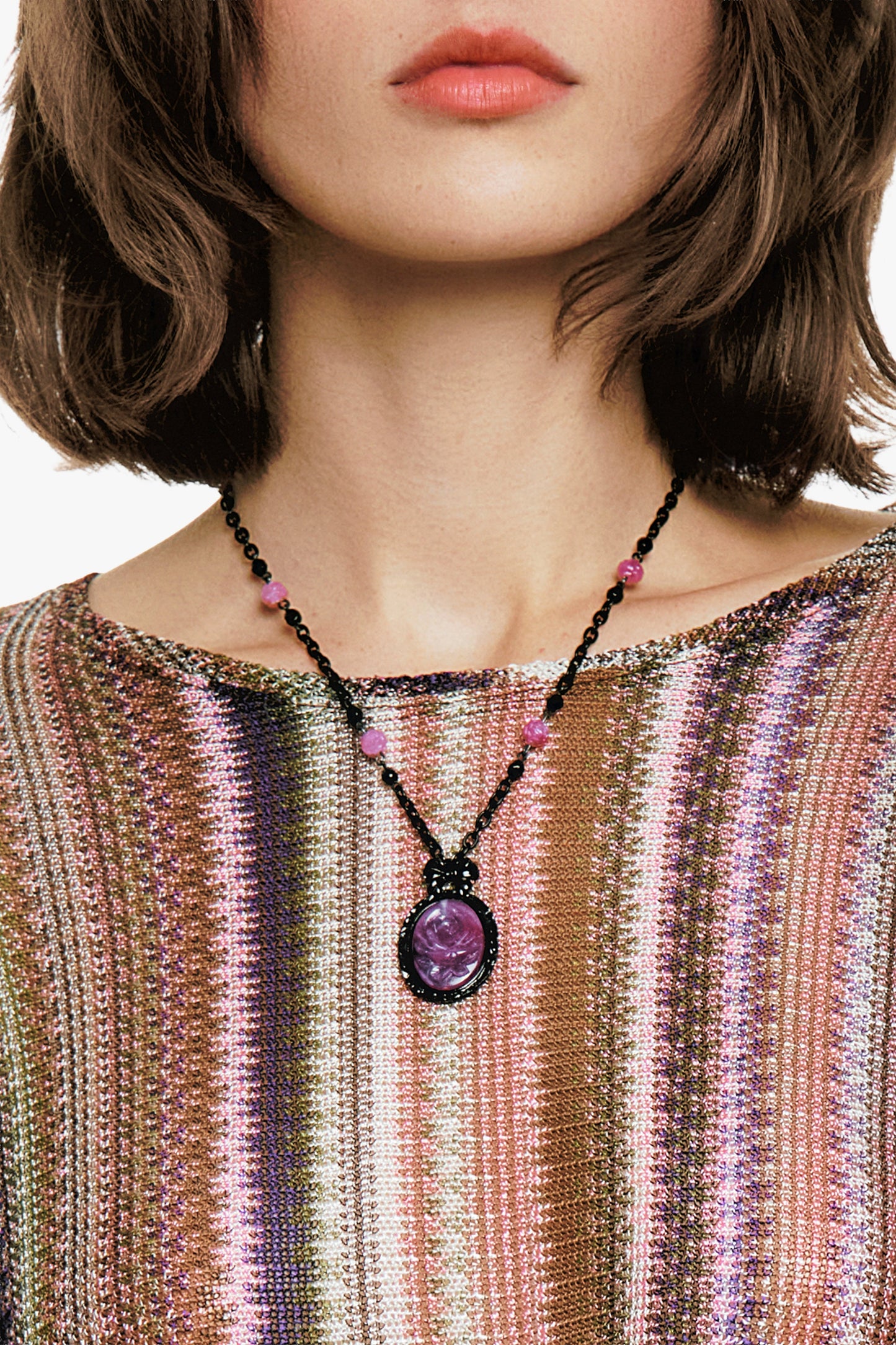 Carved Rose Victorian Frame Necklace - Dusty Rose